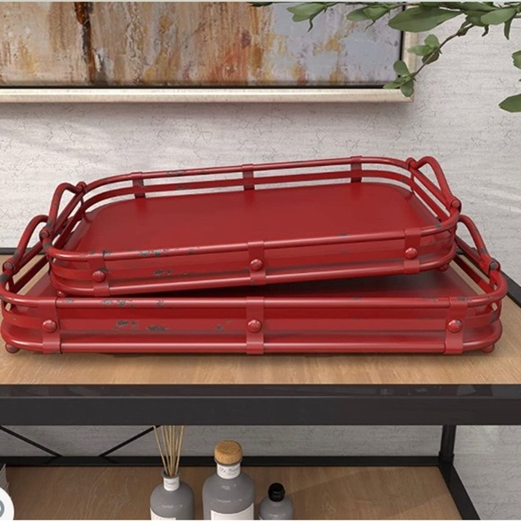Deco 79 Vintage Metal Rectangle Tray, Set Of 2 19", 17"W, Red - Picture 4 of 13